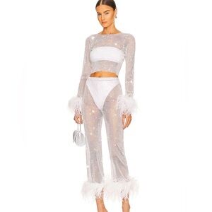 NWT SET $1380 Santa Brands Feathers Pant and top crystal - White M/L